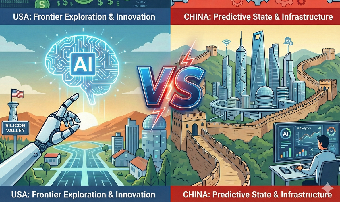Ilustrasi persaingan AI antara Amerika Serikat dan China di dunia teknologi