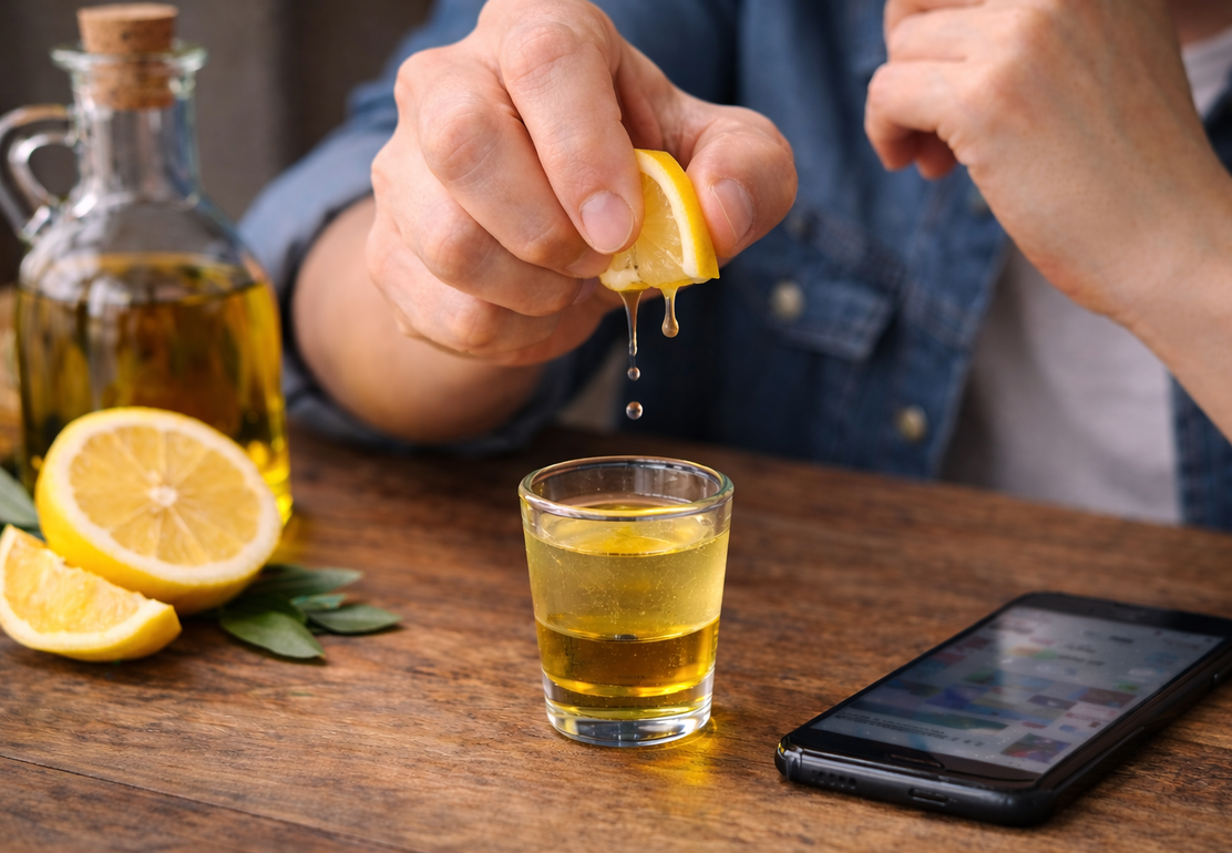 Minyak zaitun dalam sendok sebagai tren olive oil shot untuk diet yang ramai di media sosial