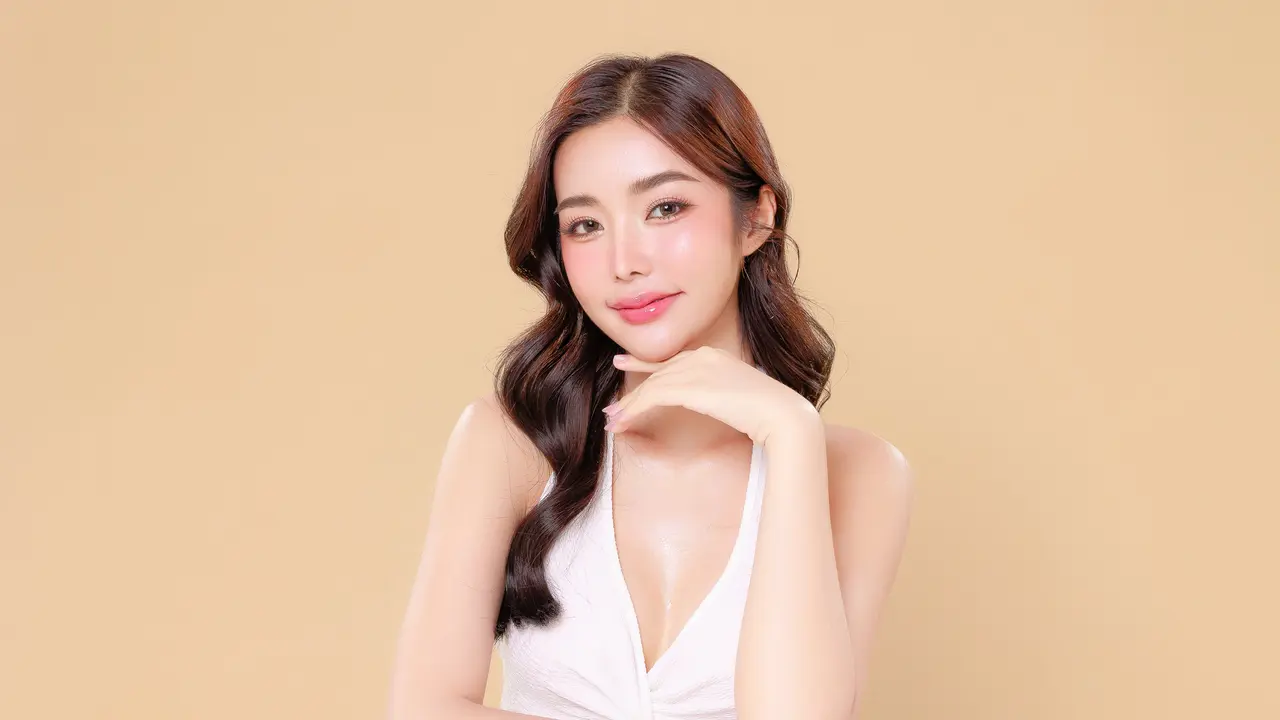 Ilustrasi perempuan dengan kulit sehat, lembap, dan bercahaya sebagai tampilan glass skin alami.