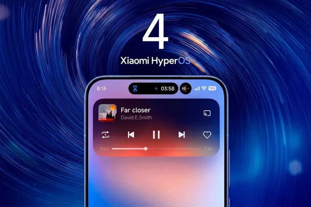 Ilustrasi antarmuka HyperOS 4 di smartphone Xiaomi dengan fitur AI offline dan peningkatan performa sistem.